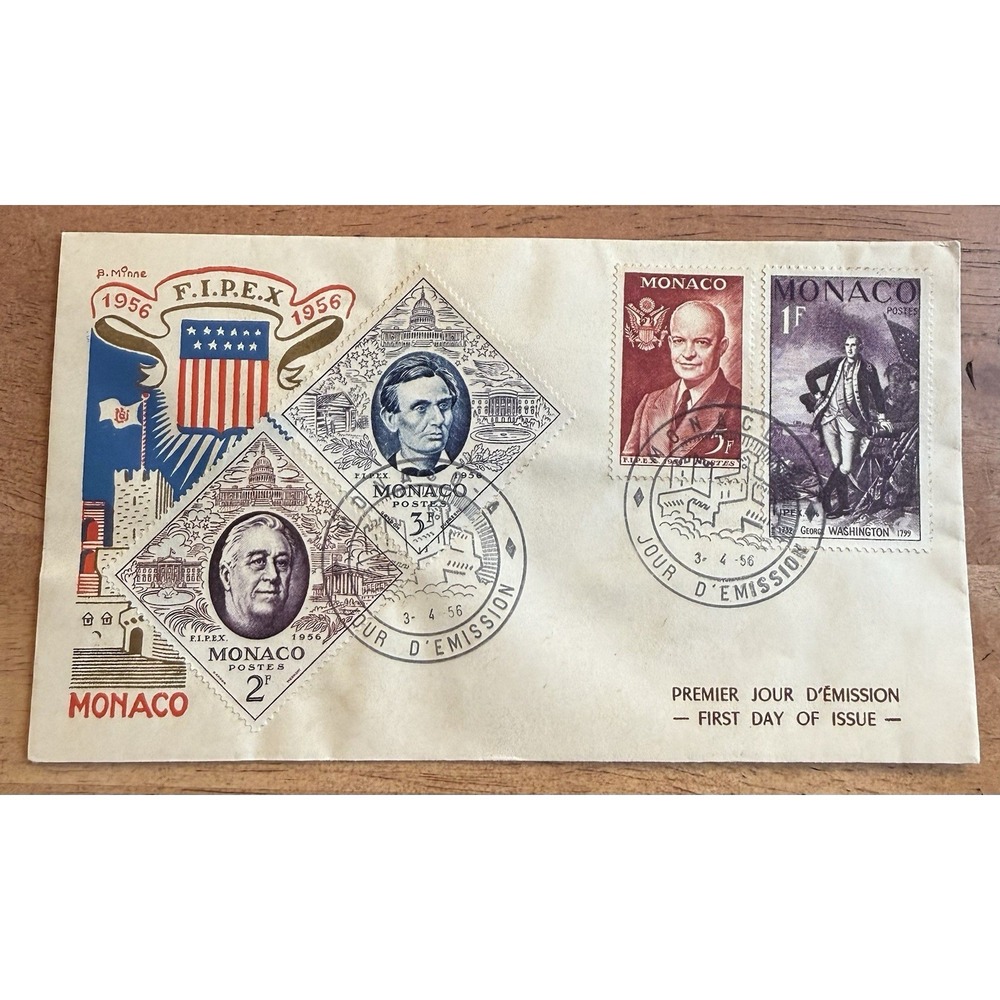 AU78 Monaco F.D.C. 1956 F.I.P.E.X. U.S. Presidents Washington Lincoln Roosevelt